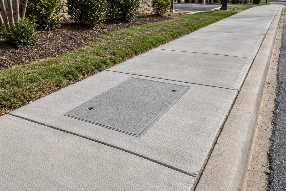 AI-generated illustration of a restored concrete sidewalk with a flush telecom handhole