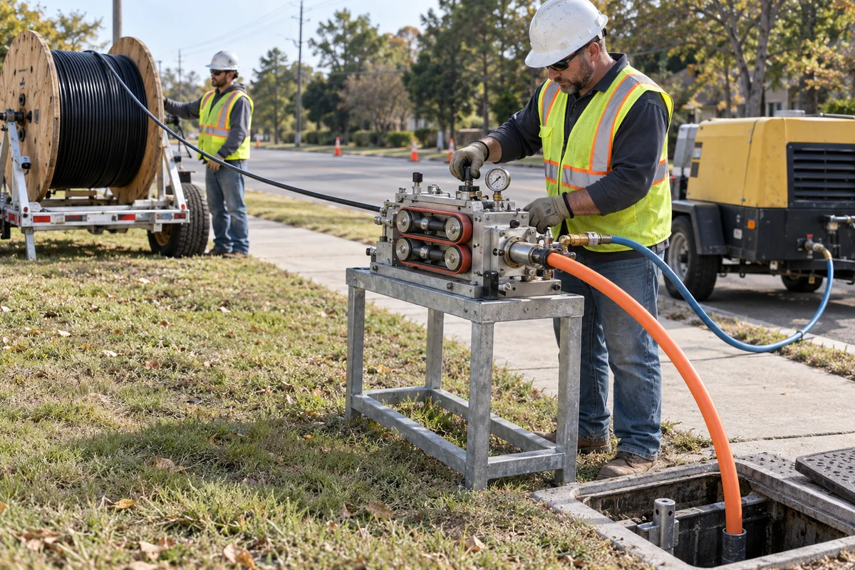 AI-generated illustration of technicians operating fiber cable blowing equipment