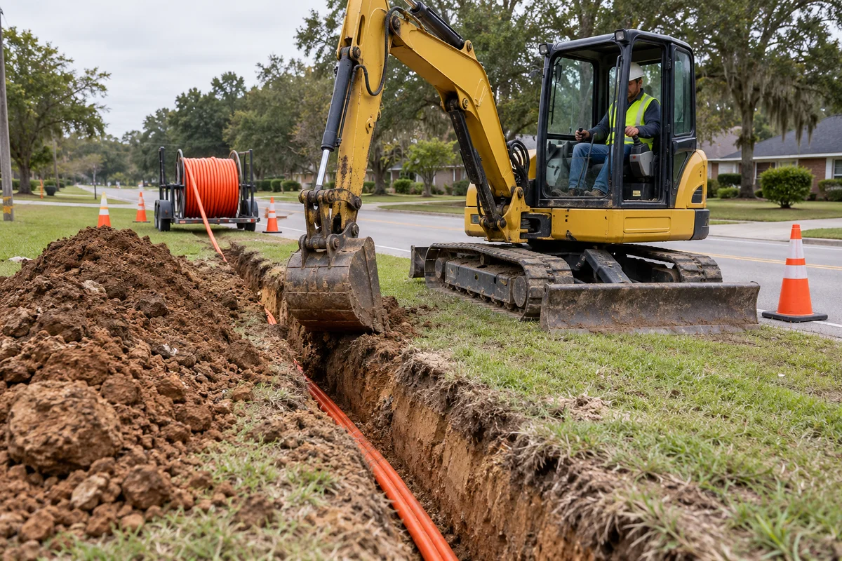 AI-generated illustration of a compact excavator beside an open fiber conduit trench